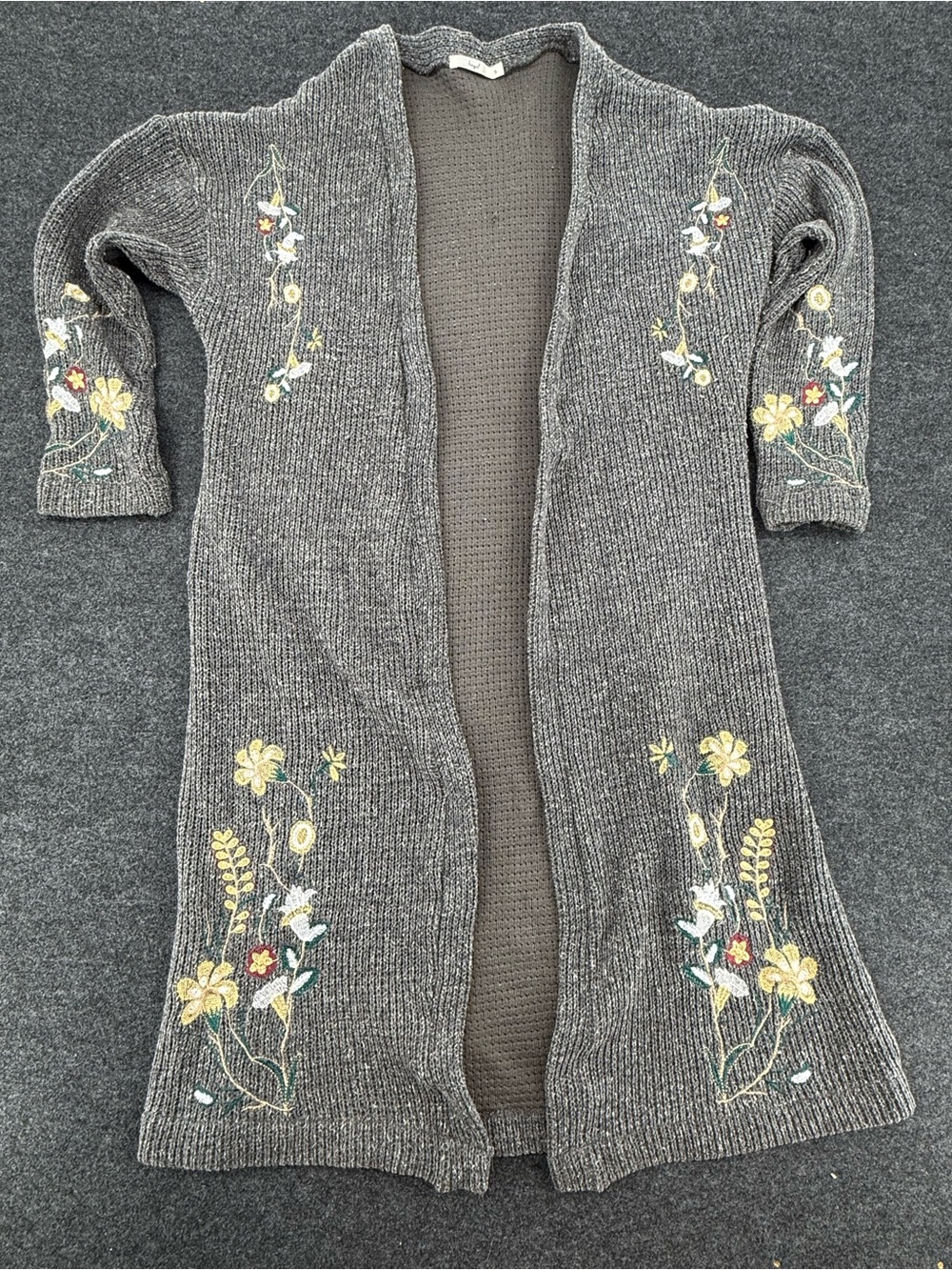 Hazel Gray Open-Front Sweater Cardigan with Yellow & Green Floral Embroidery